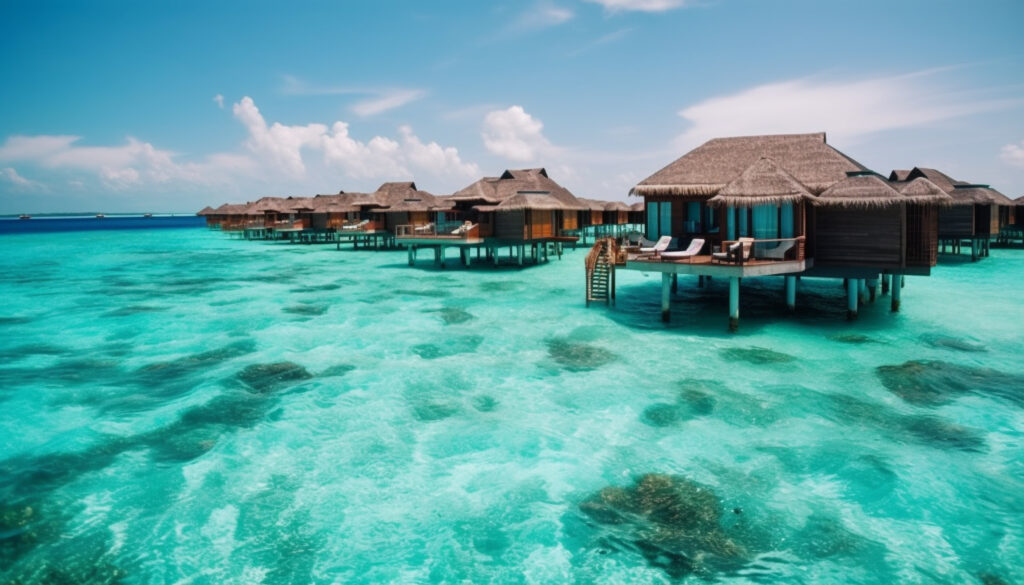 Tropical bungalow on turquoise water